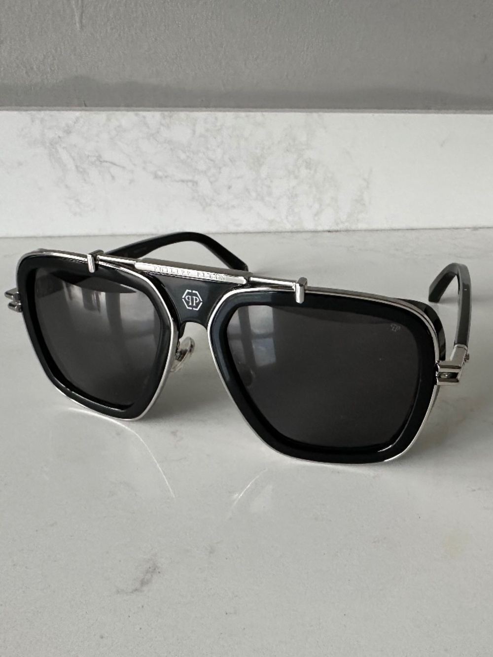 NIB | Philipp Plein | Icon Oversized Pilot Sunglasses - SPP109 Black/Silver - Picture 6 of 8